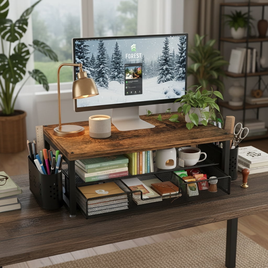 MEHOOM 3-Tier Wooden Monitor Stand Riser with Drawer and Pen Holders, Desk Organizer and Accessories for Laptop, Office, Dorm Desktop Setup, Classroom Desk Accessories & Workspace Organizers