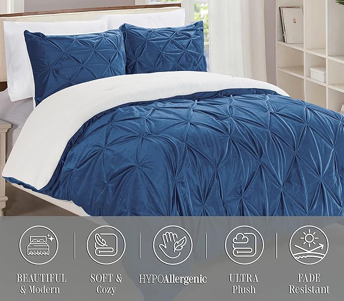 Elegant Comfort 3-Piece Set Pinch Pleated Sherpa Comforter Reversible and Luxurious. Fresh, Comfy Fabric, Pinch Pleated Sherpa Comforter, California King, Pacific Navy