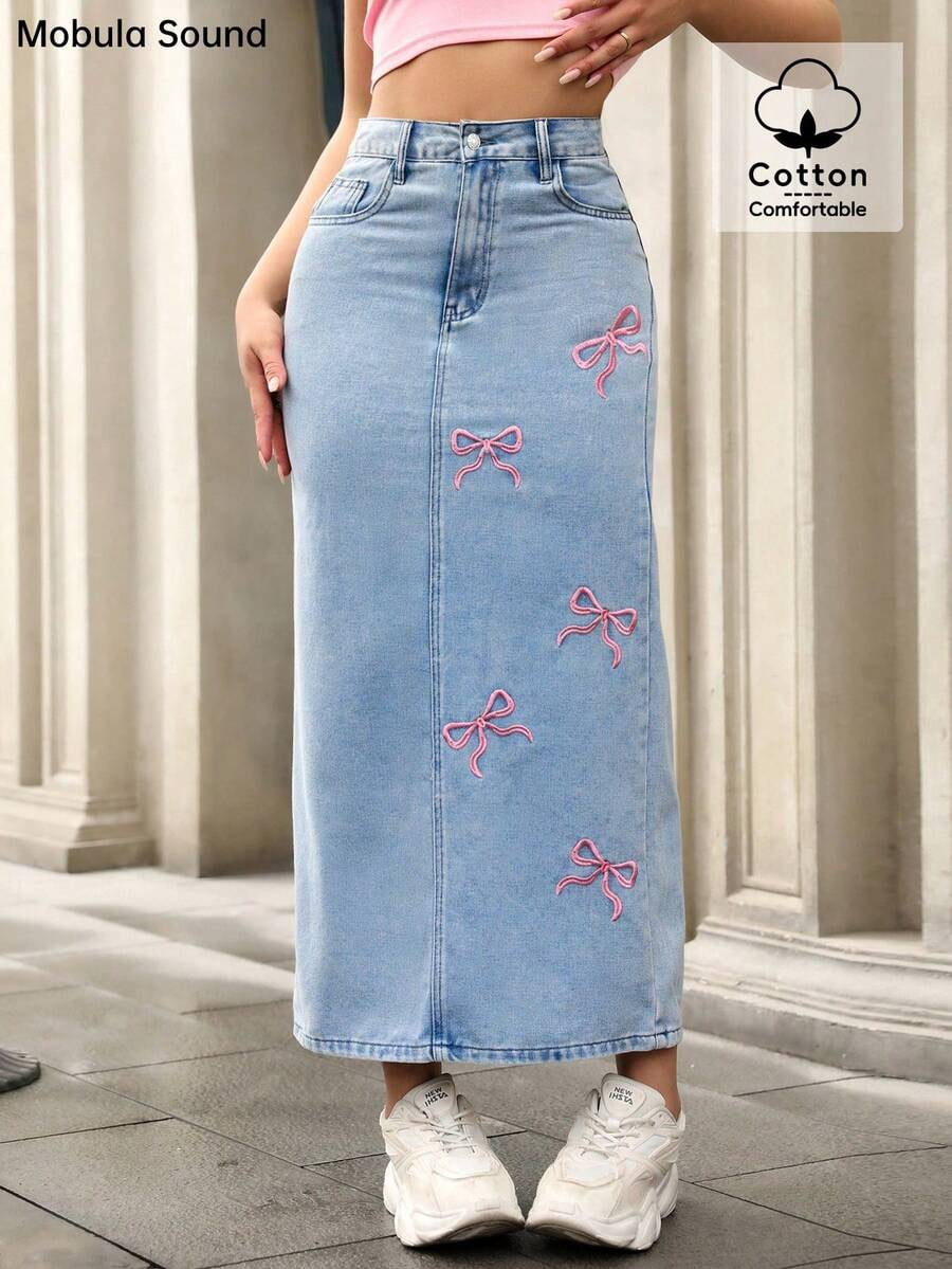 Blue Bow Embroidered Denim Midi Skirt Straight Fit Casual