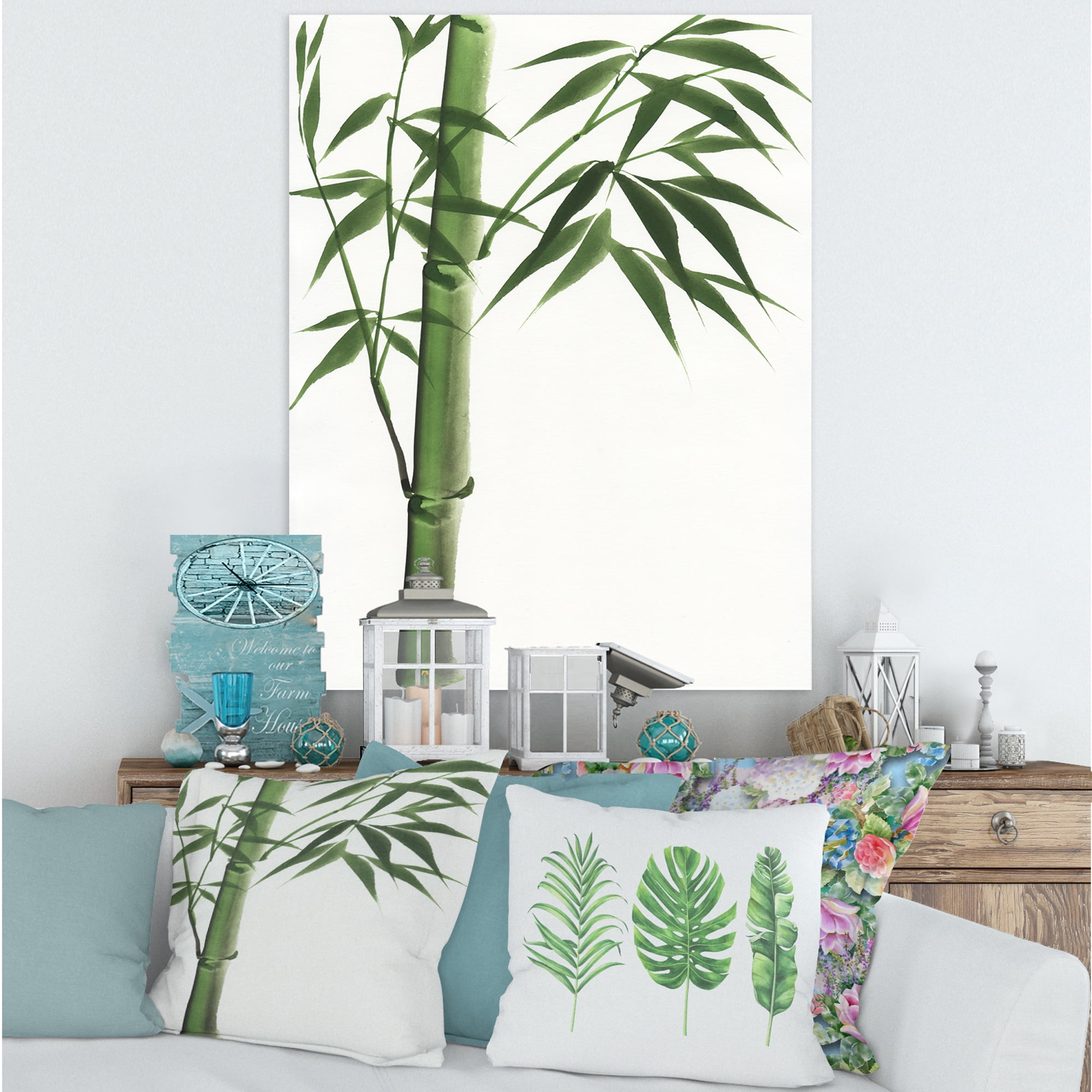 Detail Of Dark Green Bamboo On White III 12 in x 8 in Painting Canvas Art Print, by Designart