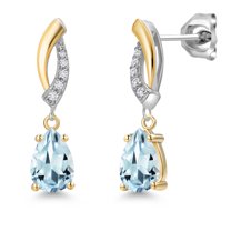 Gem Stone King 925 Silver and 10K Yellow Gold Sky Blue Aquamarine and White Lab Grown Diamond Stud Earrings for Women | 1.35 Cttw | Gemstone March Birthstone | Pear Shape 7X5MM