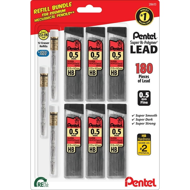 Paquete de recarga Pentel Super Hi-Polymer HB de 0,5 mm de plomo, 6 x 30 + 3 x 4 gomas de borrar