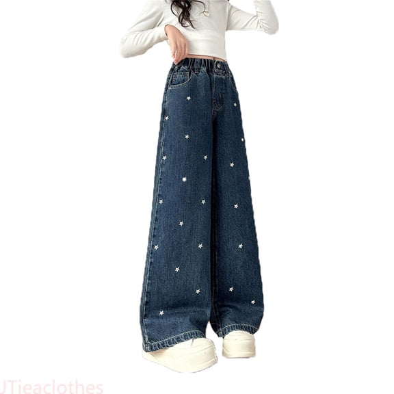 JTieacloth Cute Girls Jeans Pants Floral Embroidered Denim Pants For Girls Straight Leg Wide Leg Trousers Comfortable Casual Everyday Wear Autumn Fashion,Sizes 4-5 Years