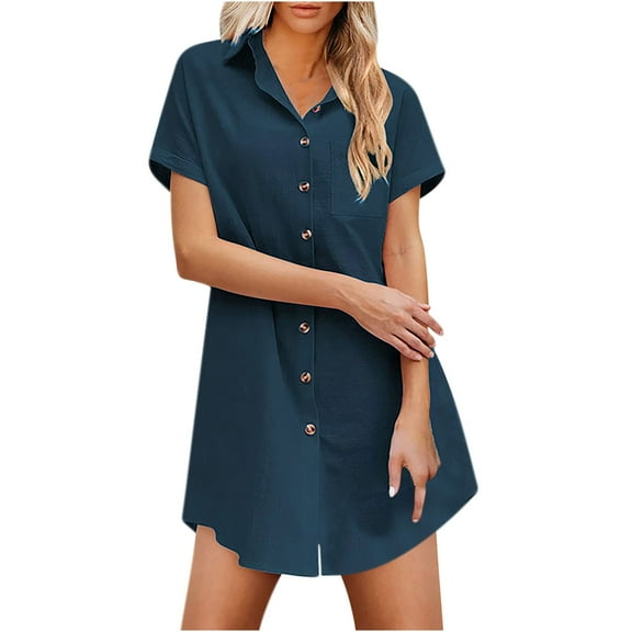 Mittory Womens Button Down Shirt Dress Summer Cotton Linen Dress V-Neck Mini Dress Casual Short Sleeve Loose Tunic Dresses