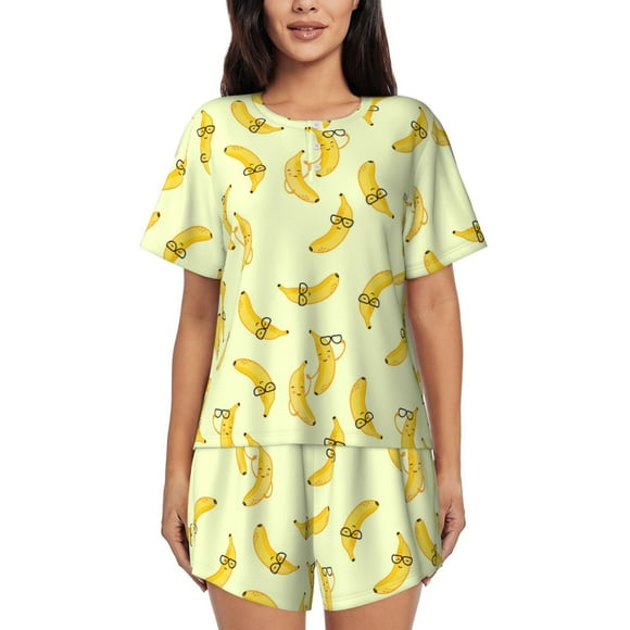 Fotbe Bananas Print Pajama Set for Women 2 Piece Loungewear Short Sleeve Tops and Shorts Set Soft Sleepwear-XX-Large