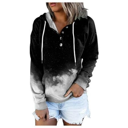 Noarlalf Hoodies for Women Button Drawstring Pocket Casual Long Sleeve Tie-Dye Gradient Print Sweatshirt Essentials Hoodie Black XL