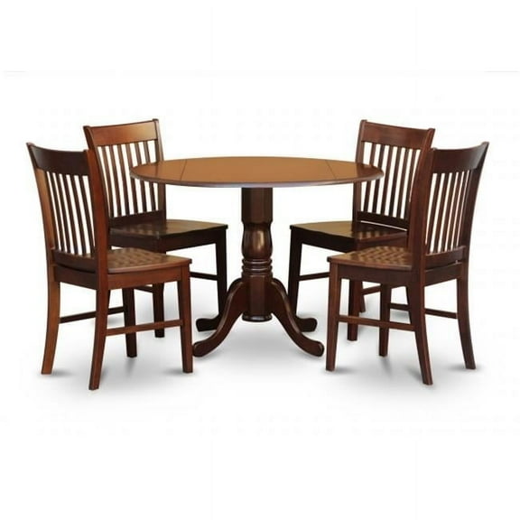 East West Furniture DLNO3-MAH-W 3PC Kitchen Round Table with 2 Drop Leaves and 2 Slatted-back Chairs with Wood Seat