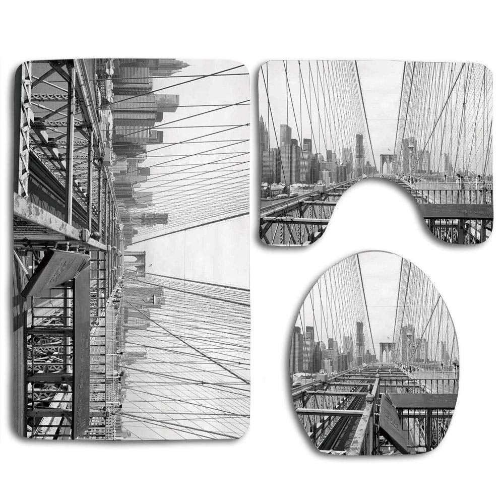 PUDMAD Modern Vintage View Brooklyn Bridge in New York City Mechanic Usa American 3 Piece Bathroom Rugs Set Bath Rug Contour Mat and Toilet Lid Cover