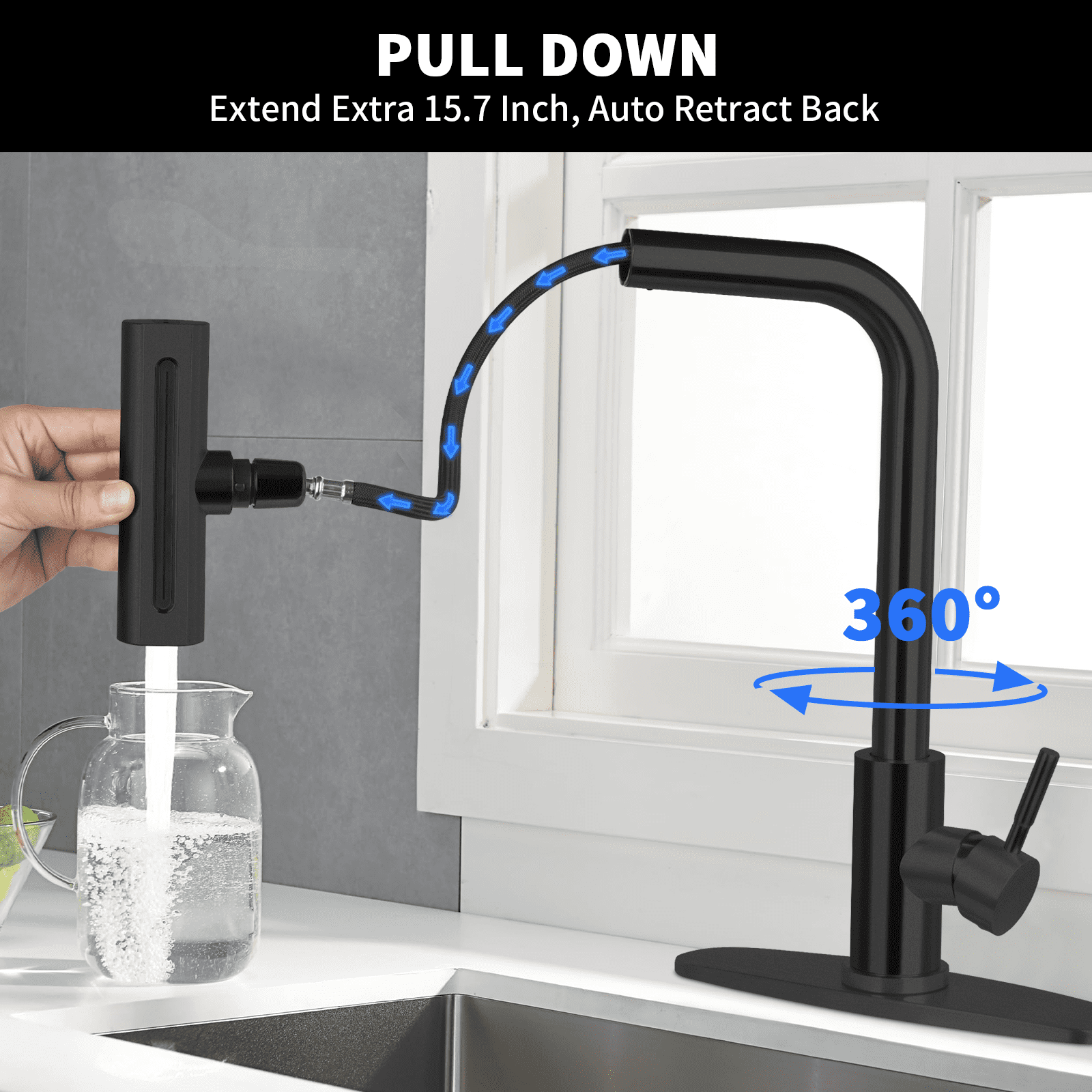 PHANCIR Kitchen Faucet with 4 Modes 15.7" Pull Down Sprayer, 360° Swivel Stainless Steel with No-Leak Ceramic Valve, Easy Install for Farmhouse Camper Laundry RV Bar, Black