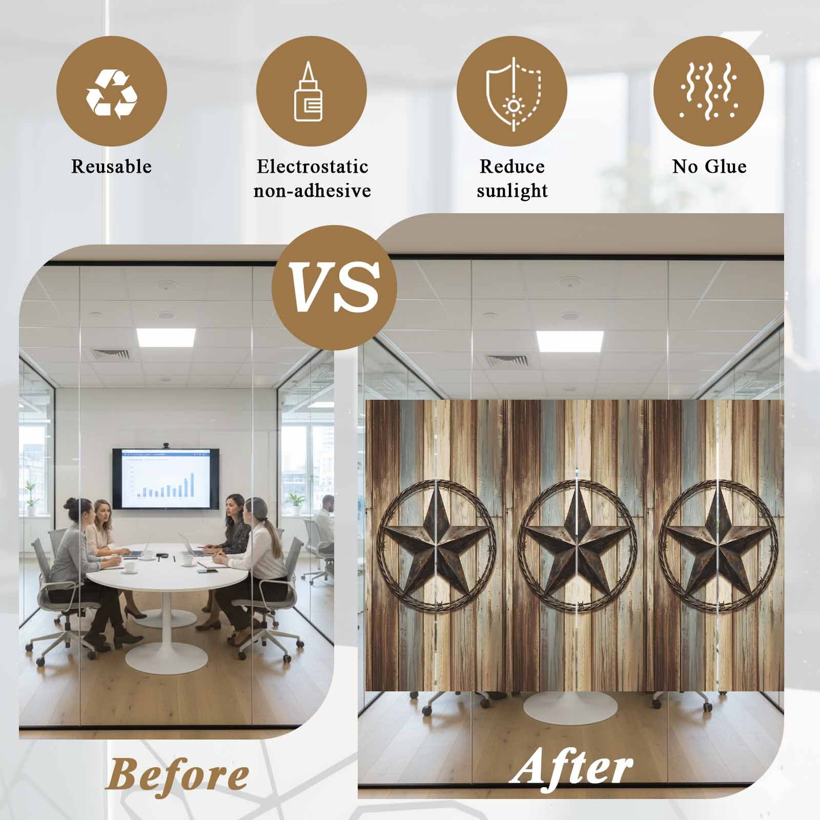 Country Star Window Privacy Film, Farmhouse Star Brown Beige Wood Grain Frosted Glass Window Clings Static Cling UV Heat Blocking Reusable Door Sticker for Bathroom 29.5 x 118 Inch