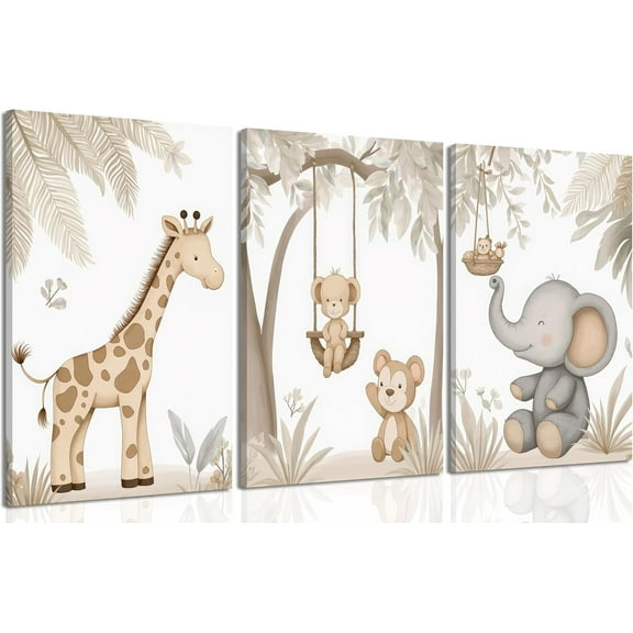 Woodland Animal Nursery Canvas Wall Art Neutral Safari Animal Jungle Paintings Pictures Wall Decor Giraff Monkey Elephants Watercolor Poster Printing Artwork for kids room Home Decoration
