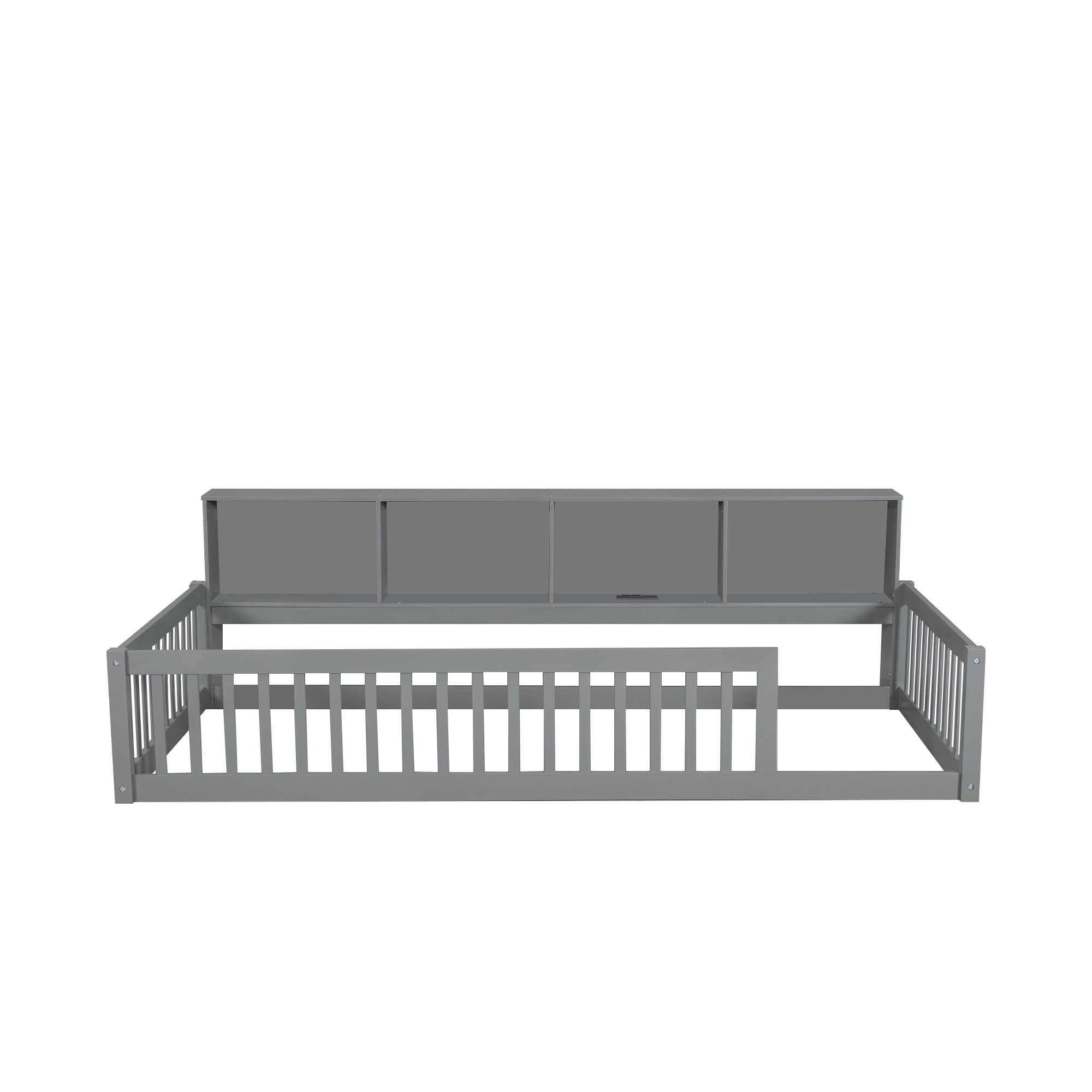 Euroco Wood Twin XL Floor Bed, Low Profile Daybed with Storage Shelves and USB Charging Station, Gray