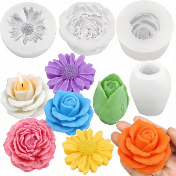 Flower Silicone Molds Set 4 Pcs 3D Floral Daisy Peony Rose Tulip Resin Casting Molds Easy Release Flexible Silicone for DIY Candles Soap Making