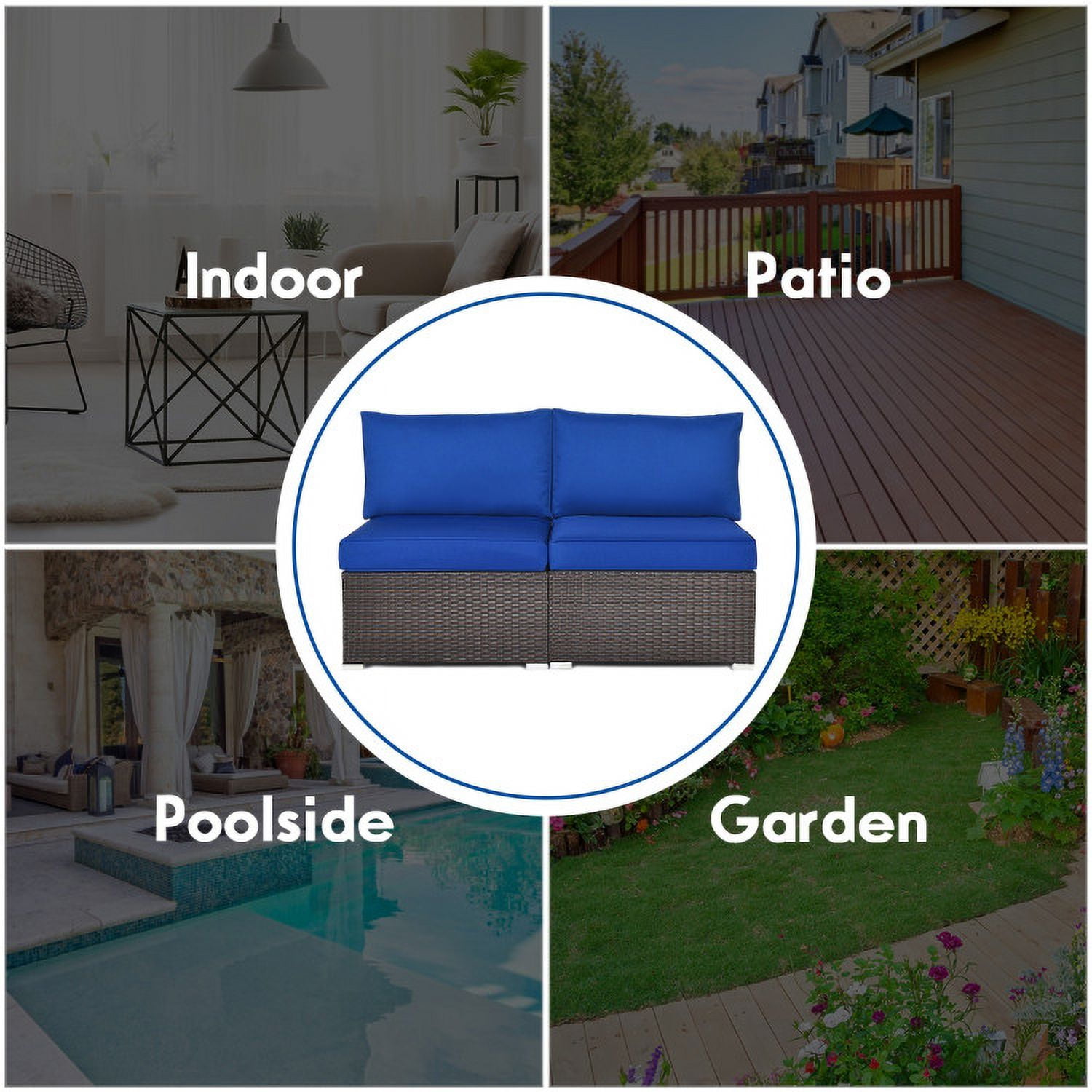 Aimee Lii 2 Pieces Patio Rattan Armless Sofa Set with 2 Cushions and 2 Pillows, Outdoor Patio Set, Navy