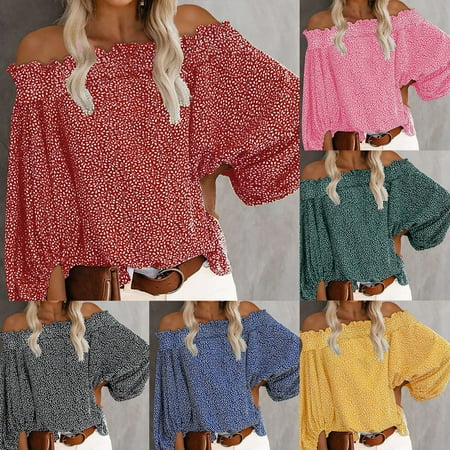 

Yinreli Loose Blouse Off Shoulder Long Sleeve Top Lantern Sleeve Floral Print Women Tops for Daily Wear