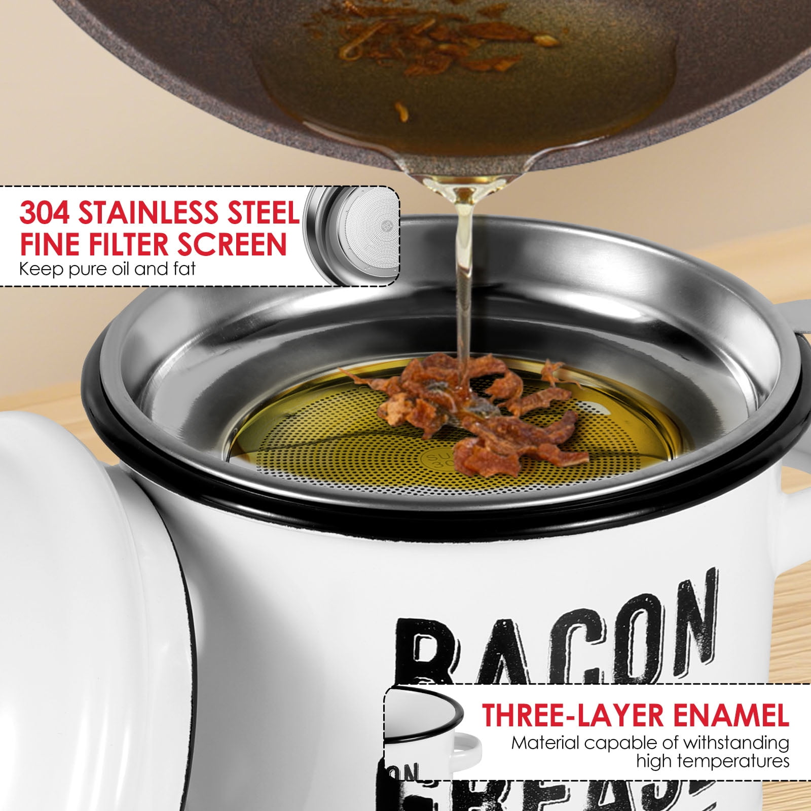 46oz Bacon Grease Container with Strainer with Food Safe Silicone Spatula Bacon Grease Saver Enamel Fat Container Keeper Recipe Dishwasher Safe,White