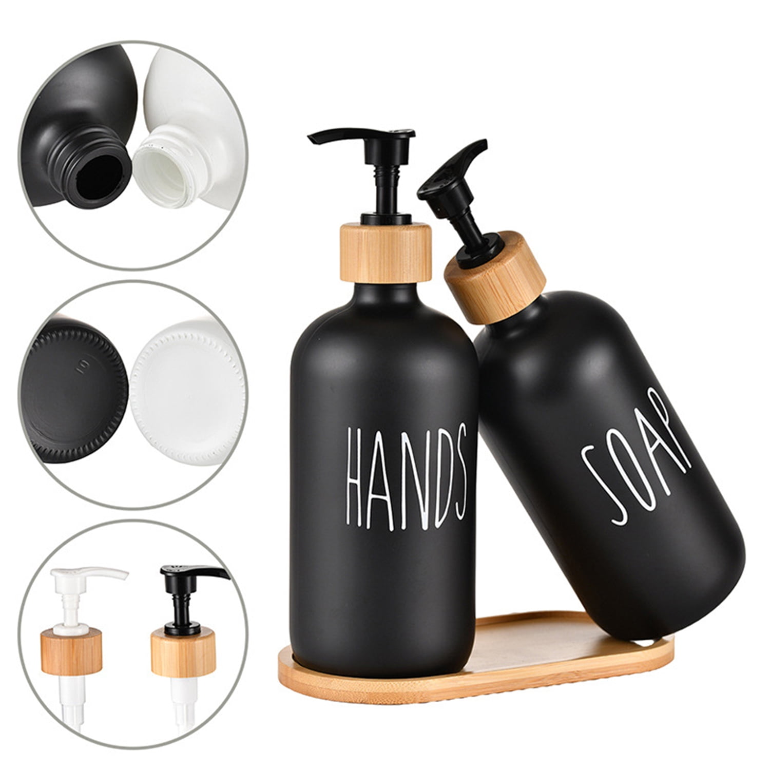 WOVTE Glass Lotion and  Soap Dispenser Set, Bathroom Soap Dispenser Set with Tray, Suitable for Bathroom Accessories, Housewarming Gift, Countertop Decor, Modern Bathroom Decor (Black&White, 16oz)