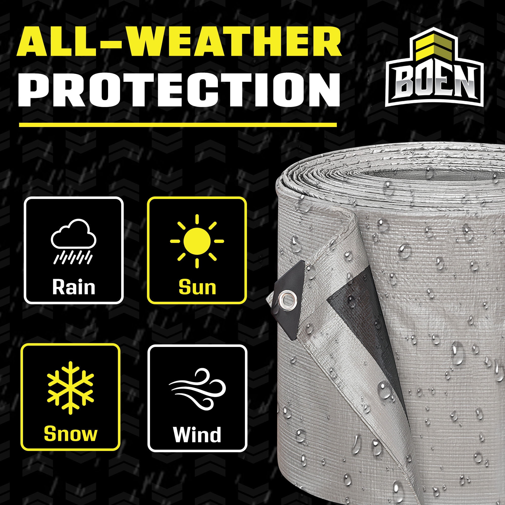 BOEN 30 x 50 ft 20 Mil Waterproof Tarp, Extreme Heavy Duty Silver/Black Cover