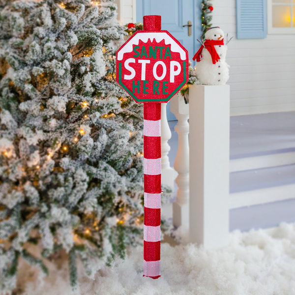 Lighted Christmas Road Sign - 70 White LED Lights, Weather-Resistant Metal/Fabric, Collapsible Design (w/Ground Stakes) - Indoor/Outdoor Holiday Decor