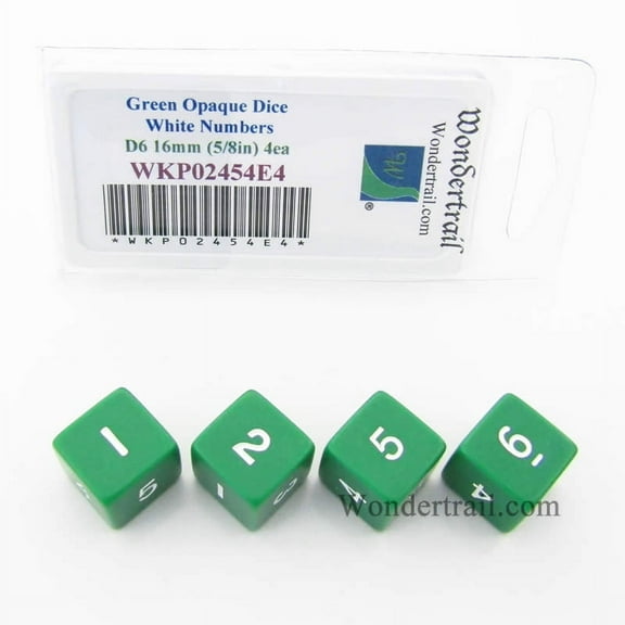 Green Opaque Dice with White Numbers D6 16mm (5/8in) Pack of 4 Wondertrail