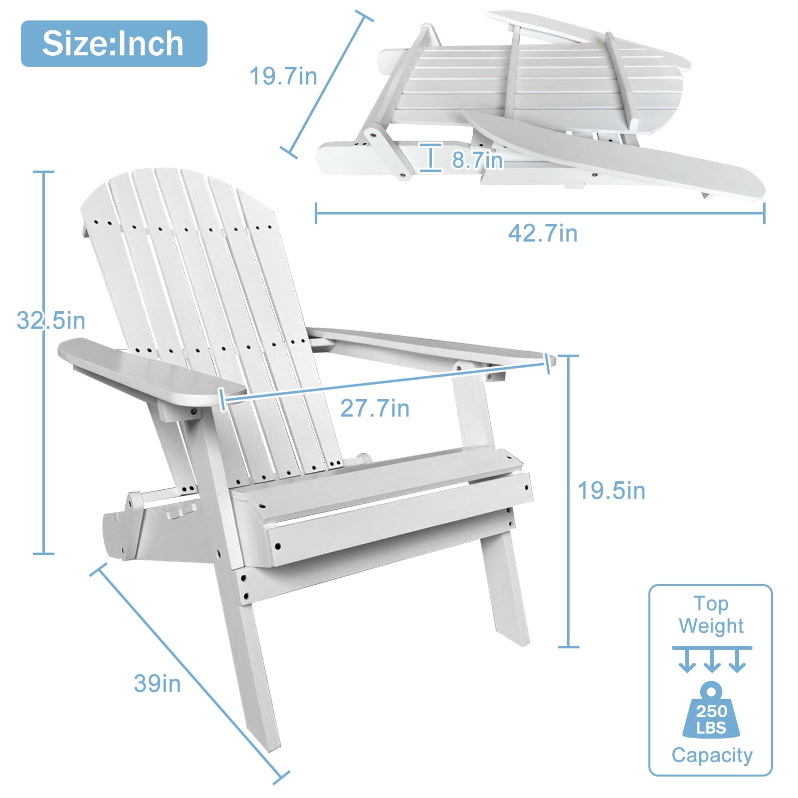 Adirondack Chair Outdoor Wooden Patio Chairs Folding Weather Resistant Lawn Chair w/Arms, Modern Reclining Seating Fire Pit Chair for Deck Backyard Garden Bench Pool, White