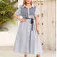 thumbnail image 2 of Vestido camisero de talla grande con cordones y solapa con estampado de rayas de manga corta informal de verano a la moda para mujer Pompotops ghjkhdj18654, 2 of 9