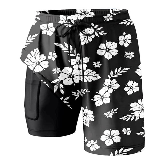KHONTS Men's Plus Size Swim Trunks Inseam with Compression Liner Quick Dry Beach Shorts Board Shorts Swimwear 07-Black XL