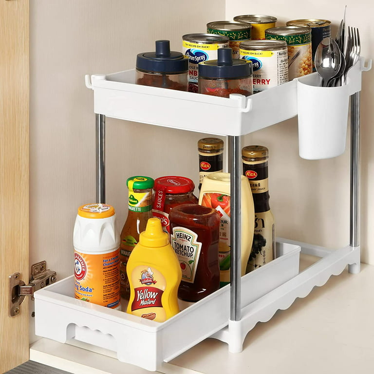 2 Tier Under Sink Organizer with Sliding Drawer Cabinet Storage, with  Hanging Cup and 4 Hooks, White 