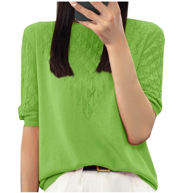 Olyvenn T-Shirt à Manches Courtes en Soie Glacée Creuse pour Femmes Chandail Col Rond Ample Vert TG