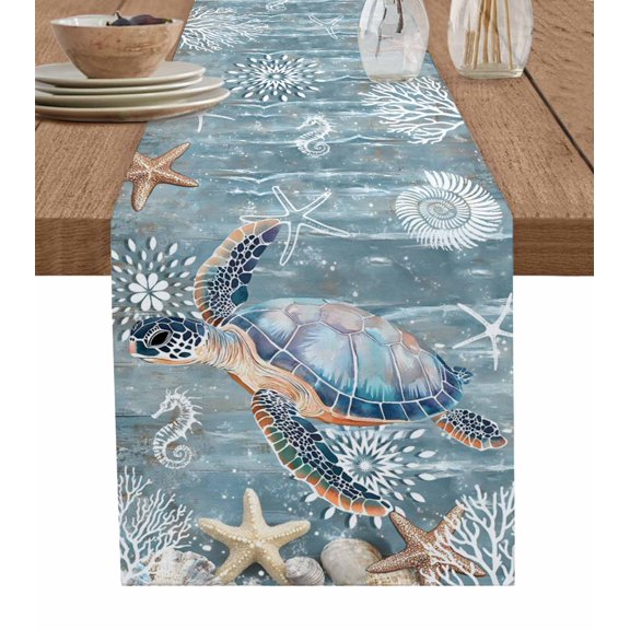 Boanket Teal Coastal Turtle Table Runner - 48 Inch Long, Kitchen Dining Table Runner Dresser Scarves, Nautical Ocean Starfish Coral Farmhouse Home Decor for Coffee Table Wedding Party Banquet