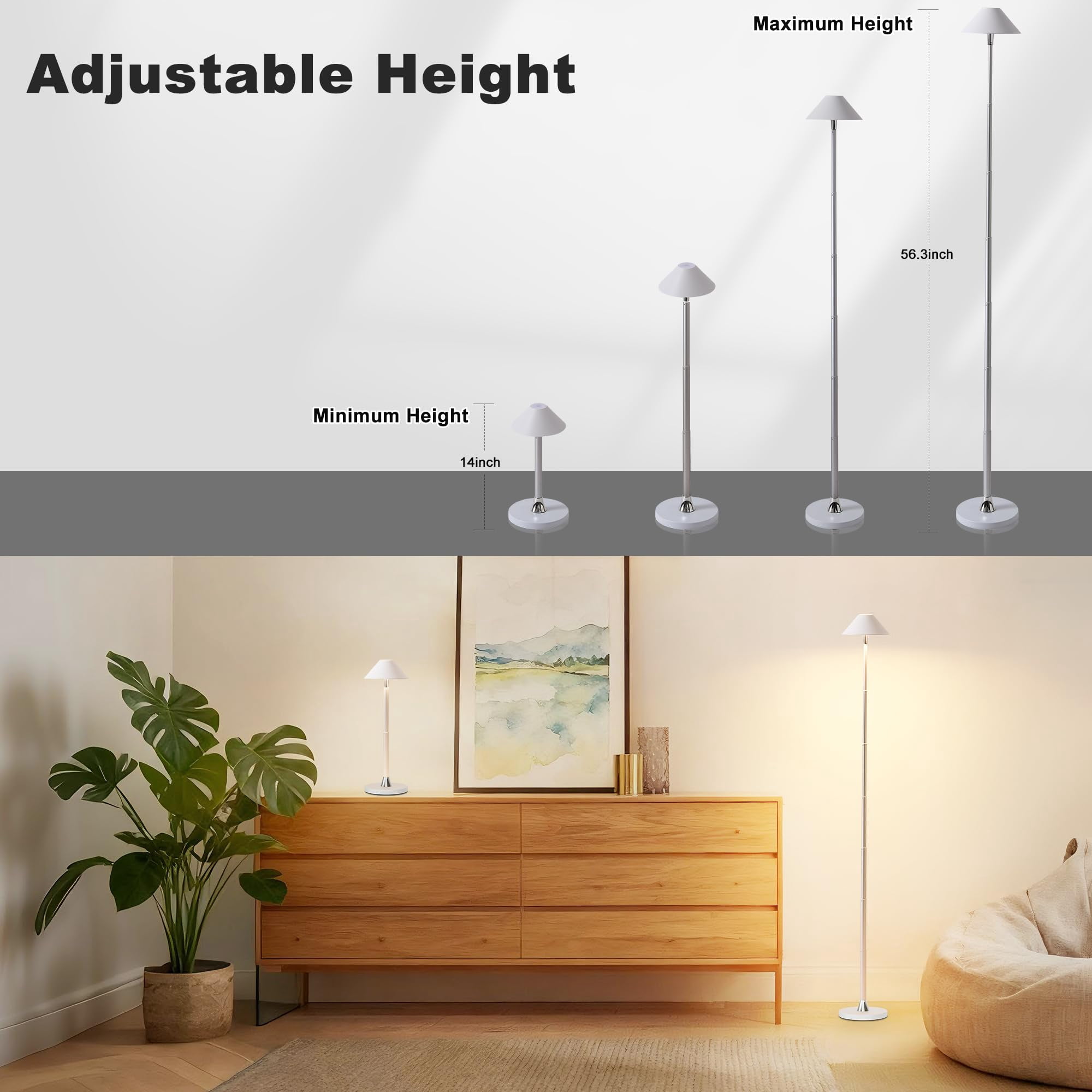 Floor Lamp for Indoor/Outdoor, Cordless Tall Standing Lamp with 3 Color Temps & Dimmable, IP43 Waterproof, Adjustable Height 16-59 Inch, LED Floor Lamp for Living Room, Patio(Black)