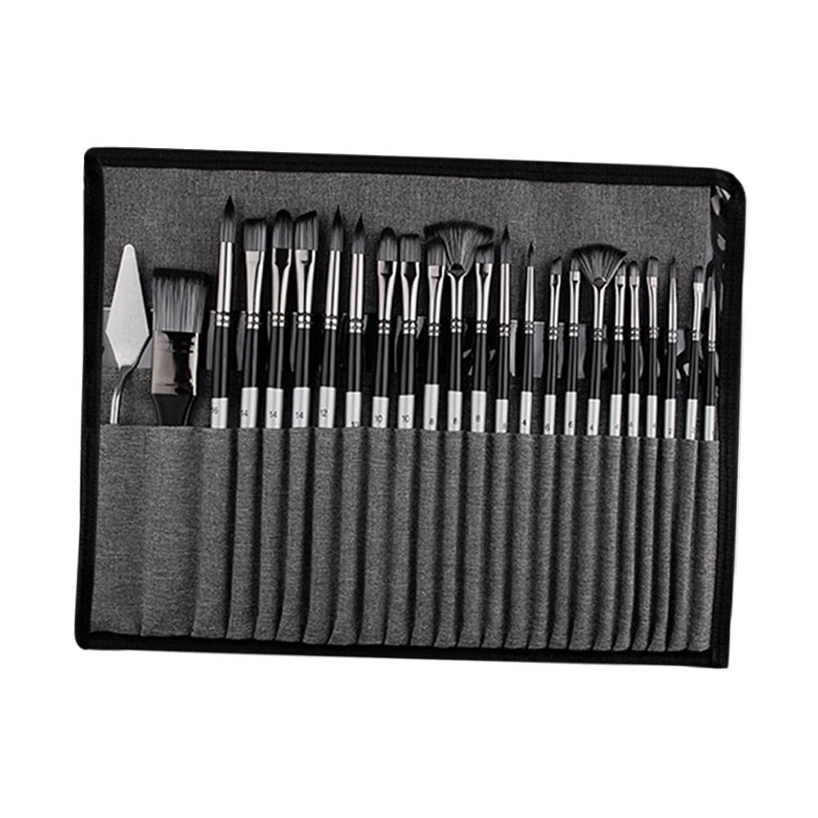 25Pcs Paint Brush Set Painting Brushes Professional Easy Cleaning Wood Handle Smooth Drawing Nylon Hair Paintbrushes with Storage Bag Gray