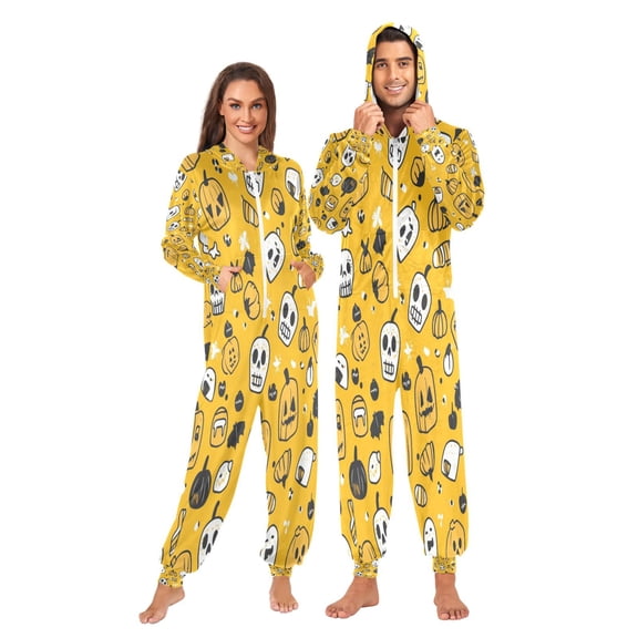 1-Pack Onesie Adult Hooded Pajamas, Soft Fleece Full Zip One Piece Pajamas for Couples, Christmas Holiday Loungewear, S-XL Cartoon Halloween Pattern Skulls
