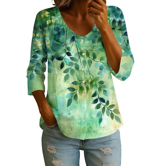DeHolifer Women's Shirts Floral Printed 3/4-Sleeve V-Neck Button Down Casual Loose Shirts Tops Green XL