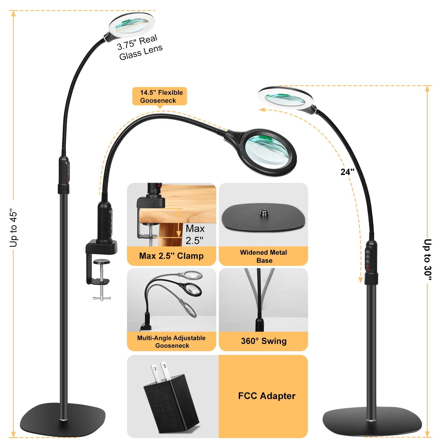 3-in-1 Magnifying Lamp with Light & Floor Stand - Real Glass Lens ,24" Flexible Gooseneck, 5-Color Stepless Dimmable LED Desk Lamp-floor/ Clamp Design, Hands-Free Magnifier for Craft & reading