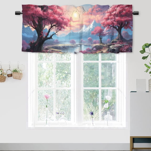 Japanese Kitchen Window Curtain Valance Asian Art Cherry Blossom Waterfall Mountain Window Treatment for Living Room Bedroom Bathroom 54 by 18 in, 1 Panel