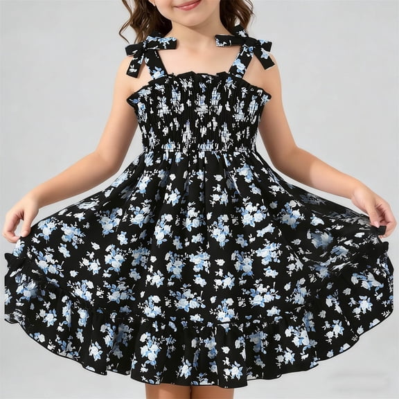 BRGZLK Baby Toddler Girl Sundress Summer 2026 Cute Floral Print Sleeveless Ruffle Tie-Strap Beach Casual Flowy A-Line Dress for Party Blue 6-7 Years