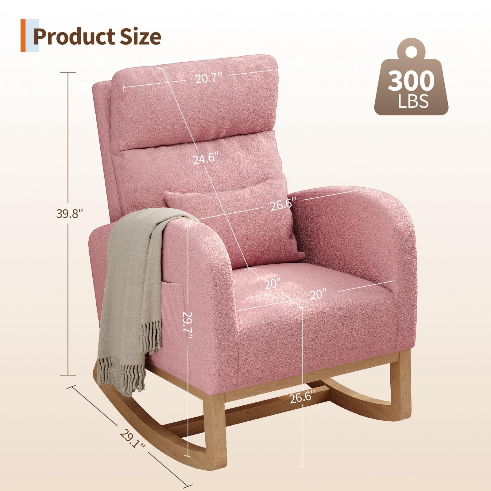Rocking Chair, Modern Glider Chair, Recliner Armchair with Wood Legs and Side Pocket, Nursery Rocking Accent Chair with High Back for Living Room Bedroom