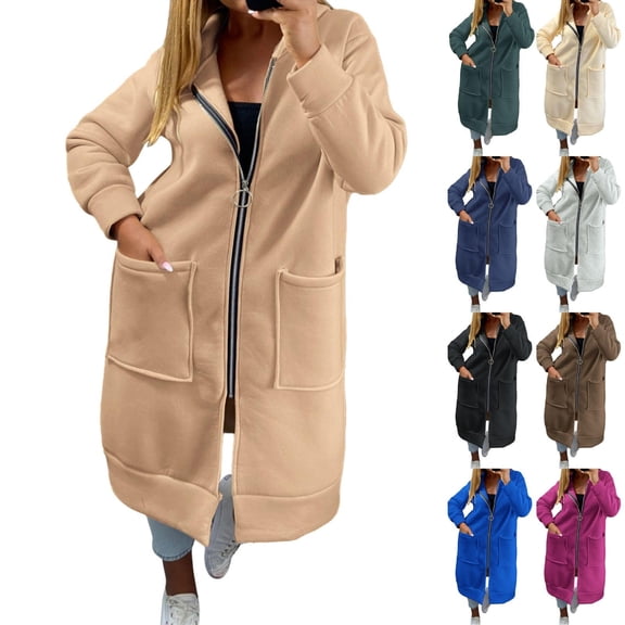 PNTUTB Fall Winter Women's Longline Coat Hooded Full Zip Outwear Soild Color Casual Loose Comfortable Trendy Coats with Pockets