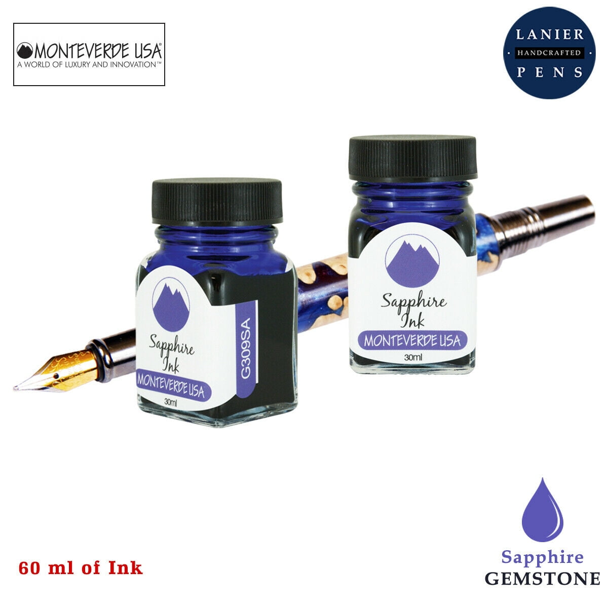 Monteverde 60ml Gemstone Fountain Pen Ink Bottle (30ml Sapphire G309SA Ink Bottle - Pack of 2)