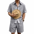 thumbnail image 2 of JUUYY Men's Linen 2 Piece Sets Short Sleeve Loose Fit Collar Button Down Shirt Shorts with Pocket Set Casual Summer Beach Outfits Dark Gray XXXL, 2 of 9