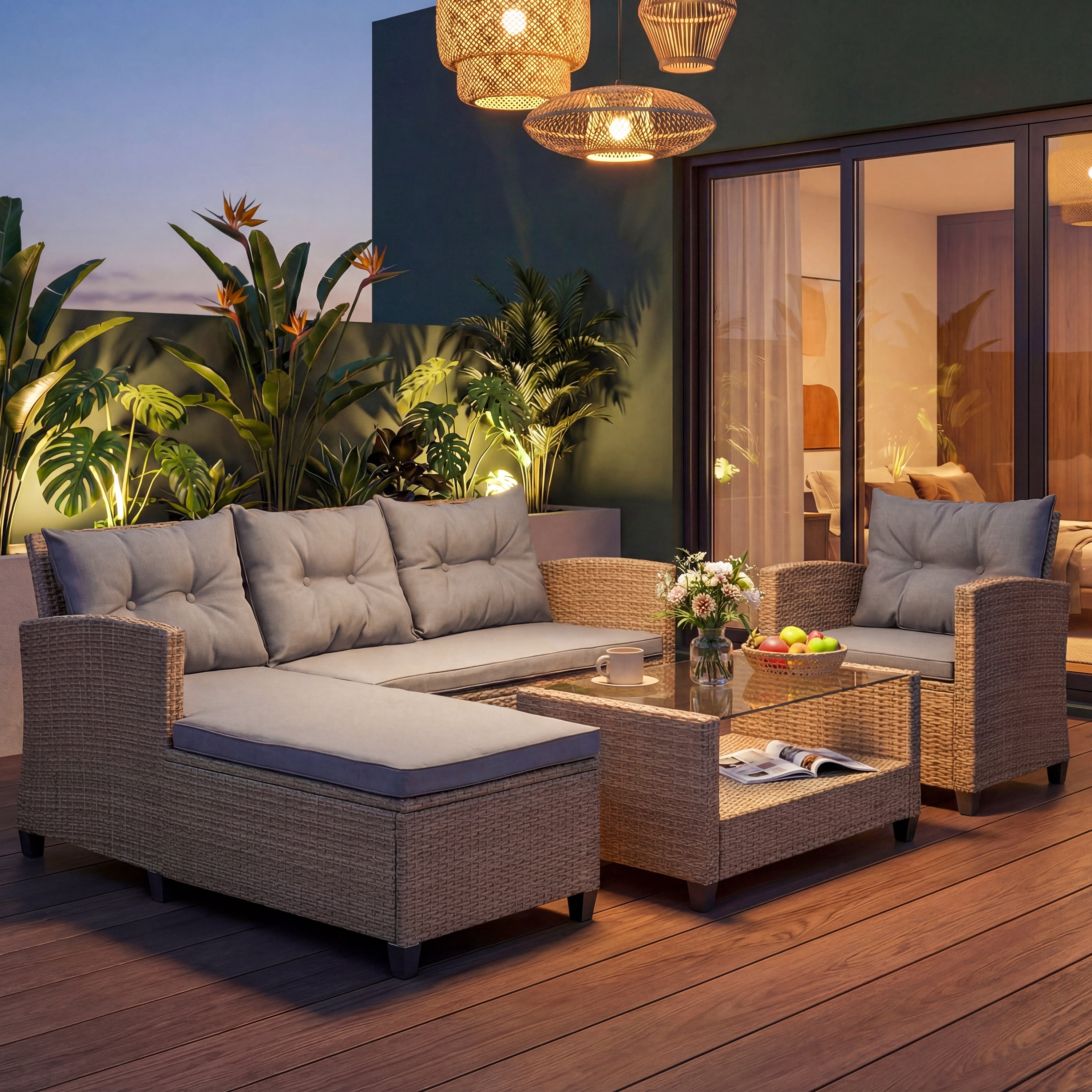 Rattan Patio Sofa Set, 4 Pieces Outdoor Sectional Furniture, All-Weather PE Rattan Wicker Patio Conversation, Cushioned Sofa Set with Glass Table for Patio Garden Poolside Deck