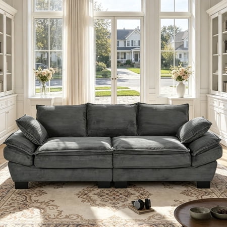 Jivora 80.3" Modern Curved Corduroy Sofa, Upholstered Couch with Throw Pillows for Living Room