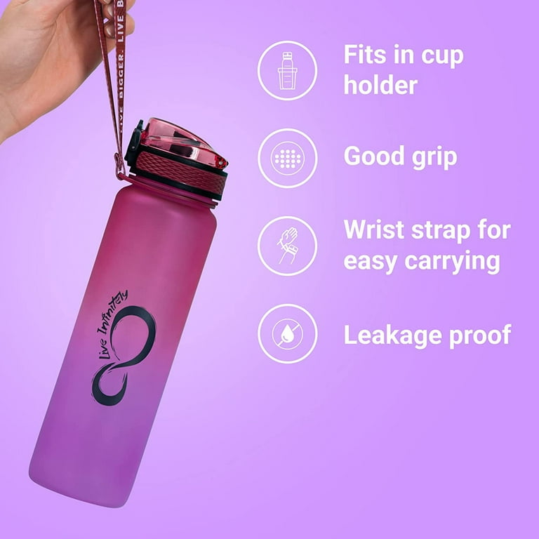 Live Infinitely Gym Water Bottle with Time Marker Fruit Infuser and Shaker 34 oz Clear