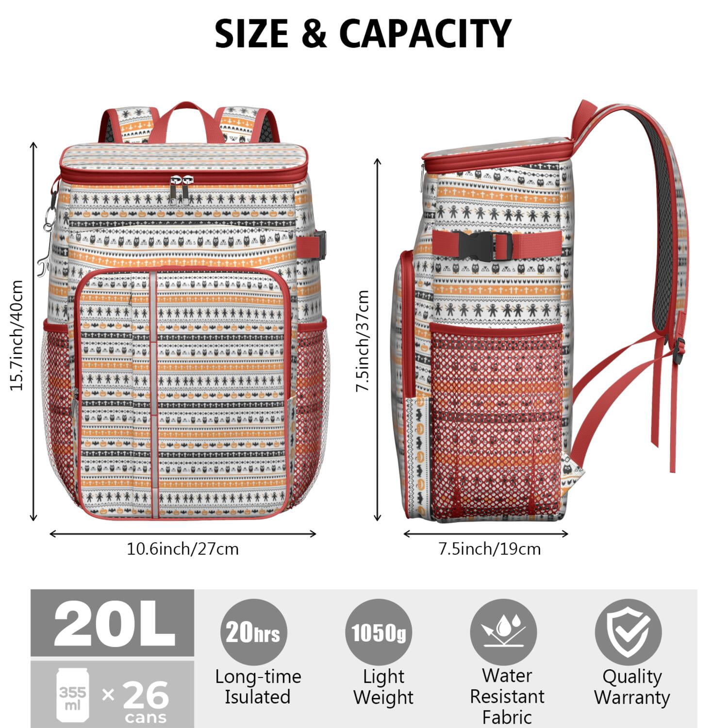 Travel Cooler Bag - Orange and Black Christmas Pattern Camping Beer Cooler Backpack with Bottle Opener- Waterproof Insulated Picnic Backpacks - Cooler Bag for Beach