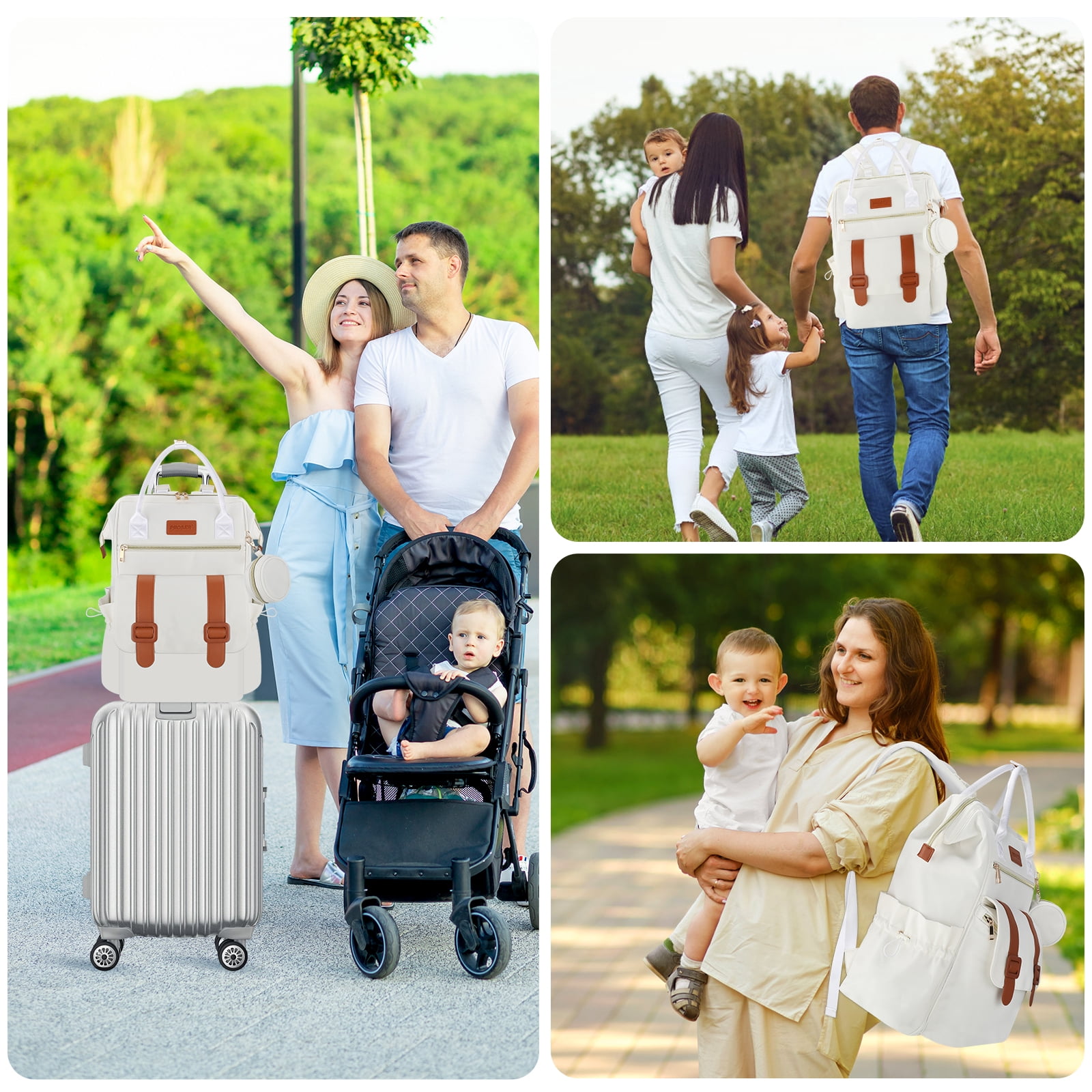 Diaper Bag Backpack with Ice Pack, Large Capacity Waterproof Baby Travel Backpack for Moms & Dads, Insulated Cooler Bag with Changing Pad, Stroller Straps & Pacifier Case, Cream