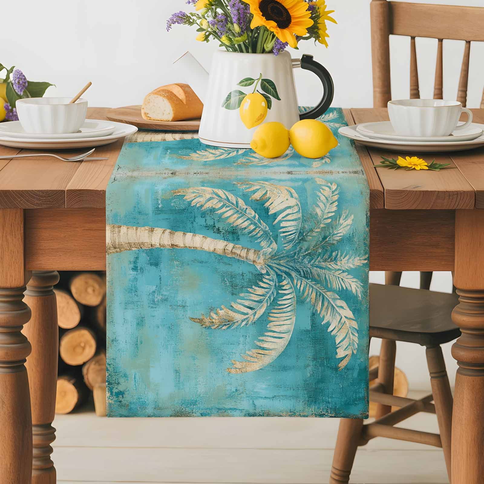 Green Tree Coastal Beach Cotton Linen Table Runner for Dining Kitchen, Vintage Tropical Plant Wedding Outdoor Party Tablerunners Decoration, Dresser Scarf Coffee Tablecloth Runners 13x70 Inches