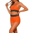 thumbnail image 4 of Conjuntos de bikini de color contrastante para mujer de 2 piezas, traje de baño de cintura alta con escote redondo, talla X-Large, naranja, 4 of 5