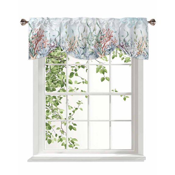 Ocean Coral Tie Up Valances Curtain, Adjustable Kitchen Starfish Seagrass Undersea Nautical Coastal Valances for Windows Decor, Rod Pocket Short Curtains Set for Bedroom/Bathroom, 54"x18"