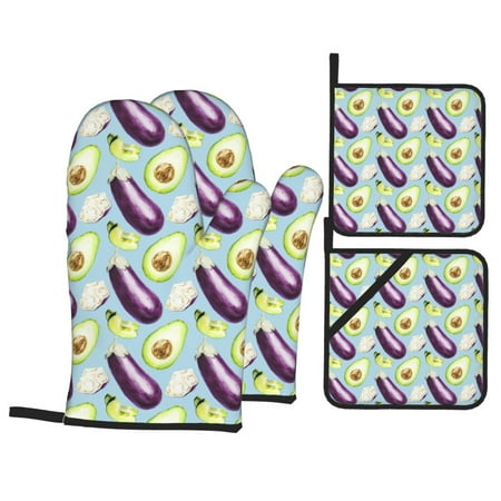 

Oven Mitts and Pot Holders Sets 4 pcs Eggplant avocado Non-Slip Oven Gloves Potholders Soft Quilted Lining Heat Resistant Gloves Hot Pads for Kitchen Cooking Baking